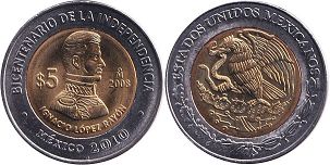 Mexico coin 5 pesos 2008 Ignacio López Rayón