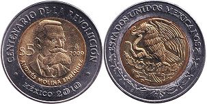 Mexico coin 5 pesos 2009 Andrés Molina Enríquez