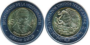 Mexico coin 5 pesos 2009 Pedro Moreno
