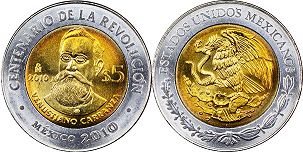Mexico coin 5 pesos 2010 Venustiano Carranza