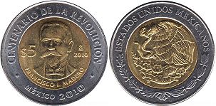 Mexico coin 5 pesos 2010 Francisco I. Madero