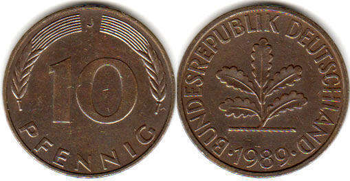 Coin Deutschland 10 Pfennig 1989