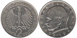 Münze Deutschland BRD 2 mark 1958 Max Planck