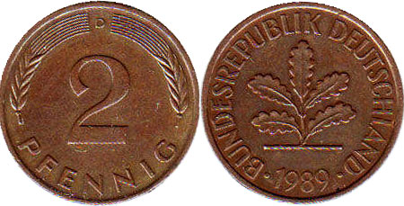 Coin Deutschland 2 Pfennig 1989