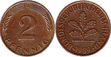 Münze Deutschland 2 Pfennig 1989