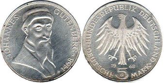Münze Deutschland 5 mark 1968 Johannes Gutenberg