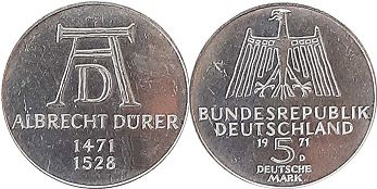 Münze Deutschland 5 mark 1971 Albrecht Dürer
