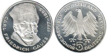 Münze Deutschland BRD 5 mark 1977 Friedrich Gauss