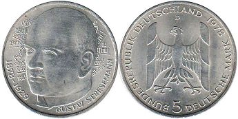 Münze BRD 5 mark 1978 Gustav Stresemann