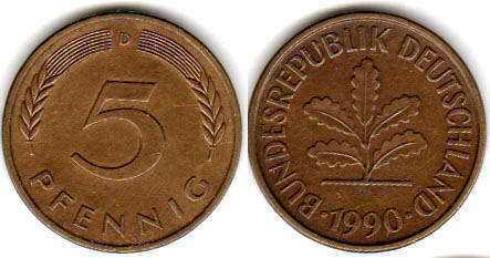 Münze Deutschland 5 Pfennig 1990