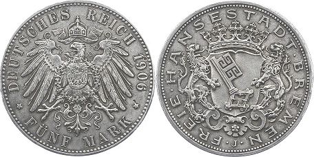Münze Bremen 5 mark 1906