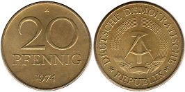 monnaie Allemagne DDR 20 pfennig 1974