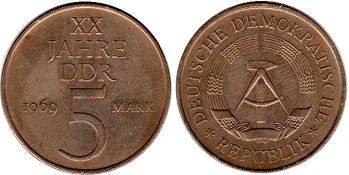 Münze Ostdeutschland 5 mark 1969 20. Jahrestag der DDR