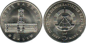 Münze Ostdeutschland 5 mark 1987 Berlin - Rotes Rathaus