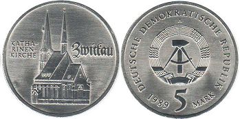 Münze Ostdeutschland 5 mark 1989 Katharinenkirche in Zwickau