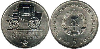 Münze Ostdeutschland 5 mark 1990 500 Jahre Postdienst