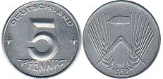 monnaie Allemagne DDR 5 pfennig 1952