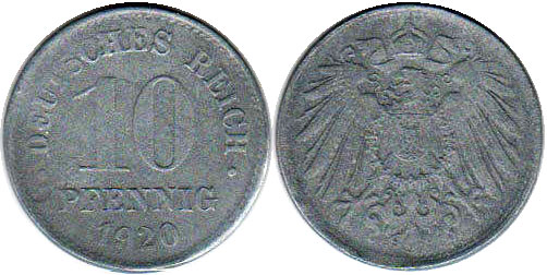 coin German Empire 10 pfennig 1920