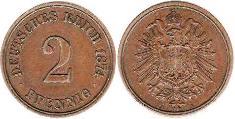 Münze Deutsches Kaiserreich 2 Pfennig 1874