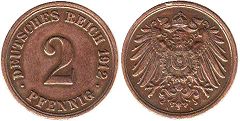 moneta Cesarstwo Niemieckie 2 pfennig 1912