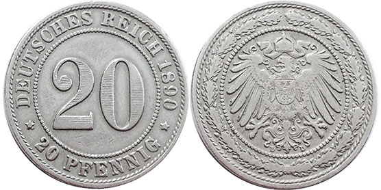 coin German Empire 20 pfennig 1890