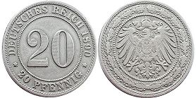 moneta Cesarstwo Niemieckie 20 pfennig 1890