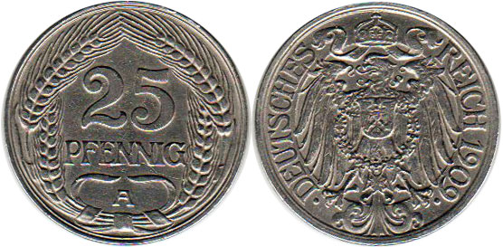 coin German Empire 25 pfennig 1909
