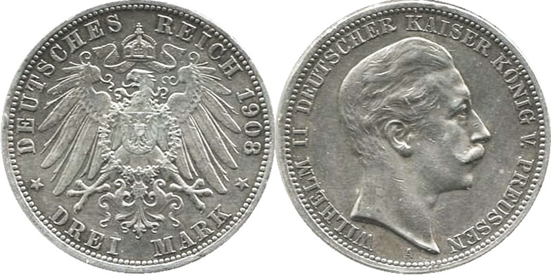 Münze Deutsches Kaiserreich 3 mark 1908