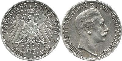 Münze Deutsches Reich 3 mark 1908