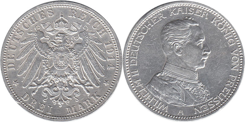 Münze Deutsches Kaiserreich 3 mark 1914