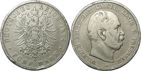 coin German Empire 5 mark 1874