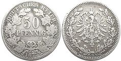 moneta Cesarstwo Niemieckie 50 pfennig 1877