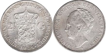 Münze Niederlande 2 1/2  Gulden 1931