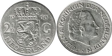 Münze Niederlande 2 1/2 Gulden 1960