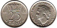 Münze Niederlande 25 cent 1948