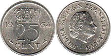 Münze Niederlande 25 cent 1964