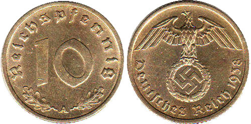 Coin Nazi Deutschland 10 ReichsPfennig 1938