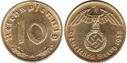 moneta Nazi Germany 10 pfennig 1938
