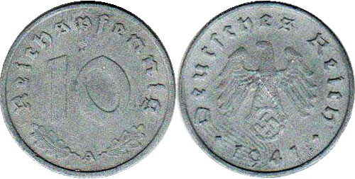 Coin Nazi Deutschland 10 ReichsPfennig 1941