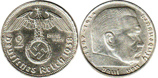 Coin Nazi Deutschland 2 Reichsmark 1938