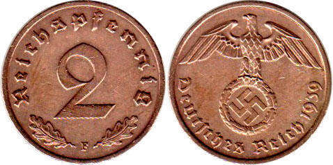 Münze Nazi Deutschland 2 ReichsPfennig 1939
