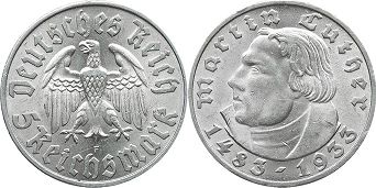 Münze Nazi Deutschland 5 Reichsmark 1933 Luther
