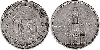 moneta Nazi Germany 5 mark 1934