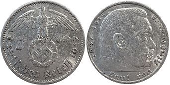 moneta Nazi Germany 5 mark 1937
