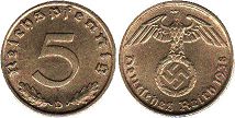 moneta Nazi Germany 5 pfennig 1938