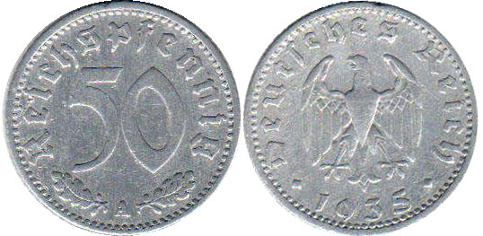 Münze Nazi Deutschland 50 ReichsPfennig 1935