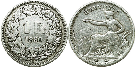 Münze Schweiz 1 frank 1850 