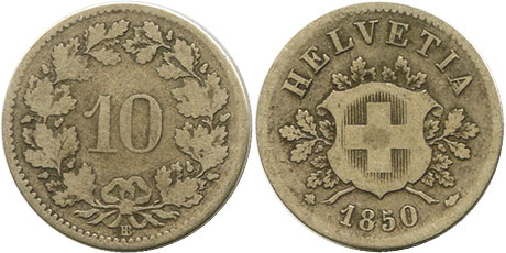 Coin Switzerland 10 rappen 1850 