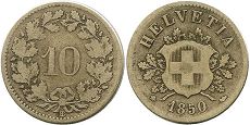 pièce de monnaie Switzerland 10 rappen 1850