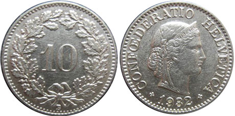 Coin Switzerland 10 rappen 1932 